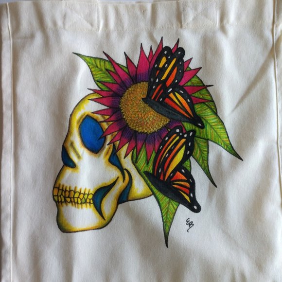 Hand-Painted Skull Tote Bag: Sunflower & Butterfly Art 14x13x7 - Picture 11 of 16